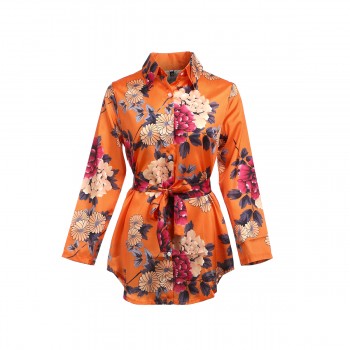 Women Floral Satin Silk Long Sleeve Ladies T Shirt Tops Loose Short Mini Dress Summer Beach Dress
